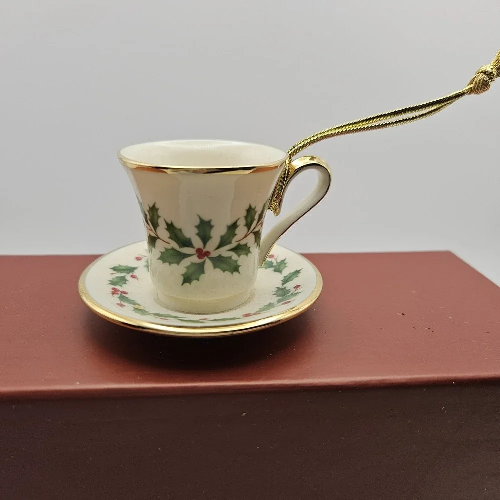 Lenox Hanging Cup & Saucer Ornament, White/Green/Red/Gold Floral Christmas